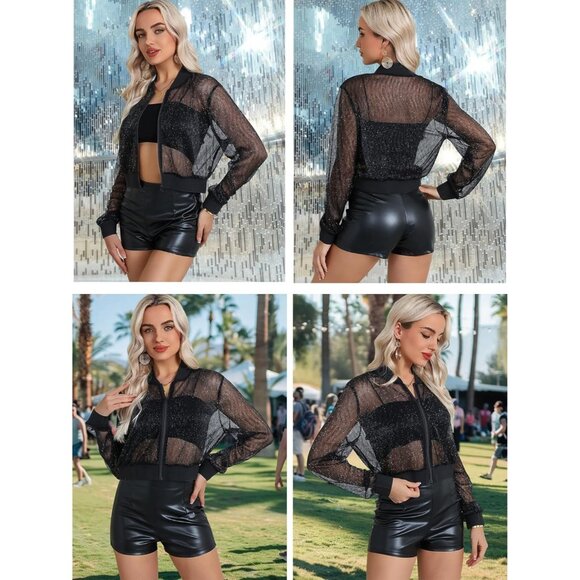 Womens black Sheer Mesh Sparkly Crop Bomber Jacket Glitter Rave Outfit - Picture 2 of 5